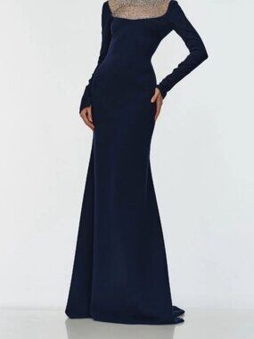 Naeem Khan Women's Blue Silk Ombre Beaded Neckline Long Sleeve Gown Dress Size 8